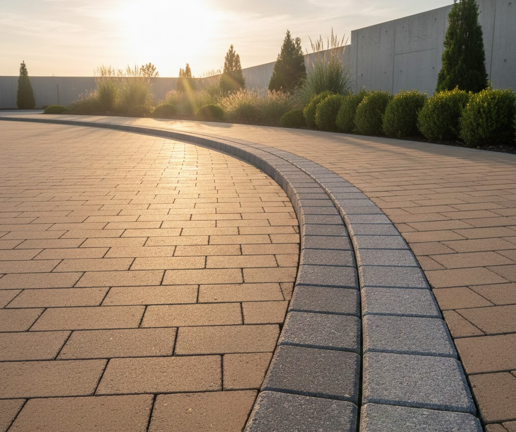 Curved interlocking brick pavers with sunset lighting