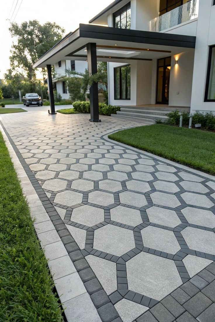 Hexagonal gray paver driveway