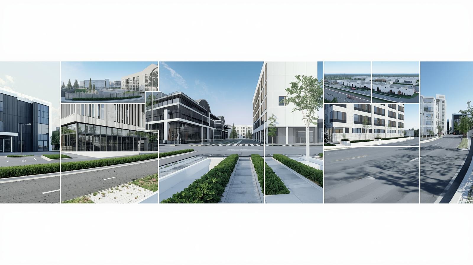 Modern office buildings with landscaped pavements